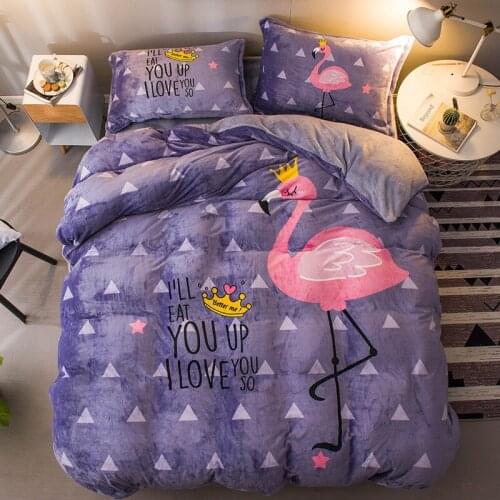 British style cute winter bedding set AB side flannel fleece duvet cover bed sheet 3/4pcs home bedclothes flamingo bird bed line