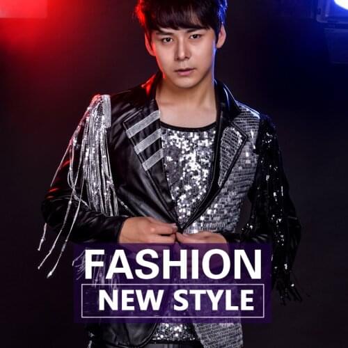 Sequins Tassel Suit Fringed Sleeve Jacket Black Slim Pants Male Stage Performance Set Men Singer Jazz Dance Costume XS2403