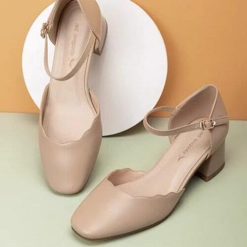 Nice Vogue High Heels,Womens Shoes,Block Heel,Square Toe Pumps,Ankle Buckle Strap,Shallow Out,BEIGE,APRICOT,Dropshipping