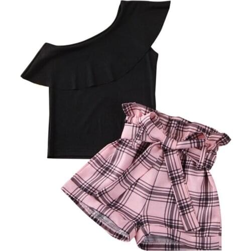 Baby girl summer clothes 2020 newborn clothes girl ruffles Off Shoulder T-shirts Tops +Plaid Shorts Holiday Outfits Set