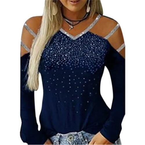 Fashion Summer T-Shirt Sexy Hollow Out Sleeve Tshirts V-Neck Off-The-Shoulder Tops Rhinestone Long-Sleeve Slim WomenS T-Shirt