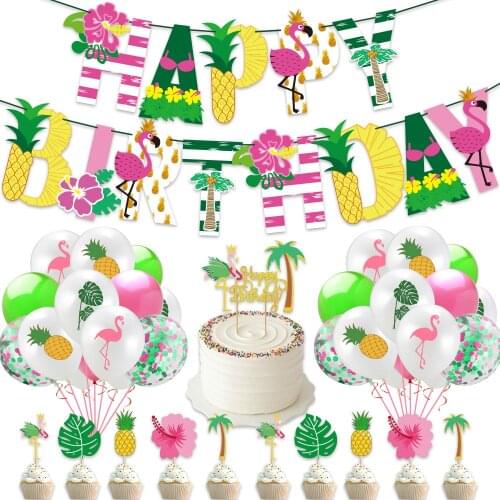 Hawaii Happy Birthday Party Banner Balloon Set Tropic Aloha Party Summer Pineapple Party Hawaiian Flamingo Birthday Party DIY