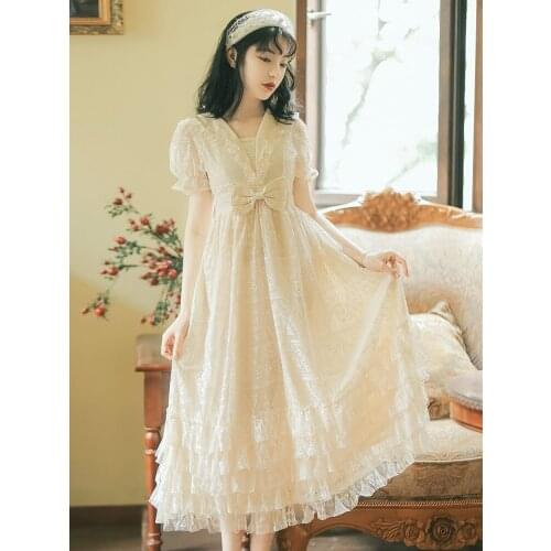 Summer New Ins Net Red Same Paragraph Lace Princess Dress Retro Bow Puff Sleeve Beige College Style Cake Mid-Length Dress