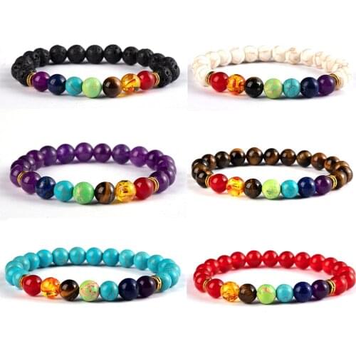 New Colorful 7 Chakra Natural Stone Bracelet Beads Alloy Jewelry Volcanic Stone Bracelet Yoga Bracelet DIY Charms Bracelet