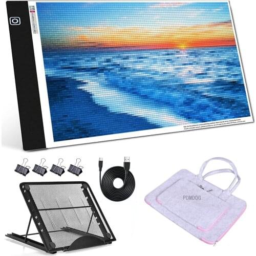 PDMDOG Diamond painting A4 5D LED light mat set includes suitcase bag, A4 LED light mat, metal bracket and black clip