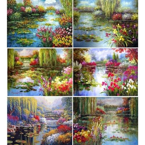 Full Round Diamond Painting Lotus and Lotus Leaf Outdoor Landscape Plants 5D DIY Diamond Embroidery Mosaic Home Decoration Gift