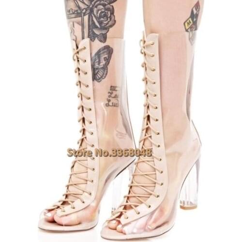 Transparent Clear PVC Lace Up Booties Peep Toe Tie Up Ankle Ladies Shoes Transparent Square High Heel Shoes Runway Boot