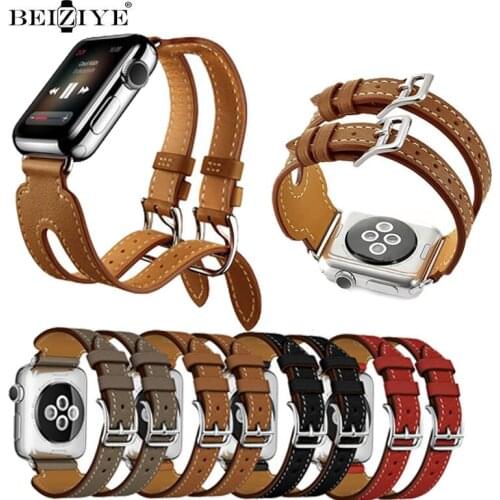 Leather Band Strap Cuff Bracelet For Apple Watch 44mm 42mm 40mm 38mm Double Metal Buckle watchband for iWatch series SE 6 5 4 3