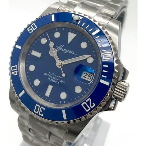 Luxury mens blue dial 40mm mens watch sapphire crystal automatic mechanical stainless steel unidirectional ceramic ring R3