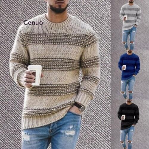 Sweater Men New Winter Youthful Mens Round Neck Stripe Loose Type Warm Long Sleeve Knitted Sweater Men