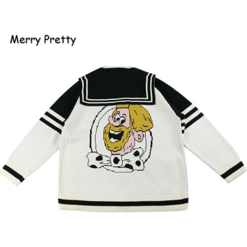 XUANHAO Cartoon Embroidery Sailor Collar Knitted Sweaters 2019 Winter Thick Warm Harajuku Jacquard Sweater Knit Pullover
