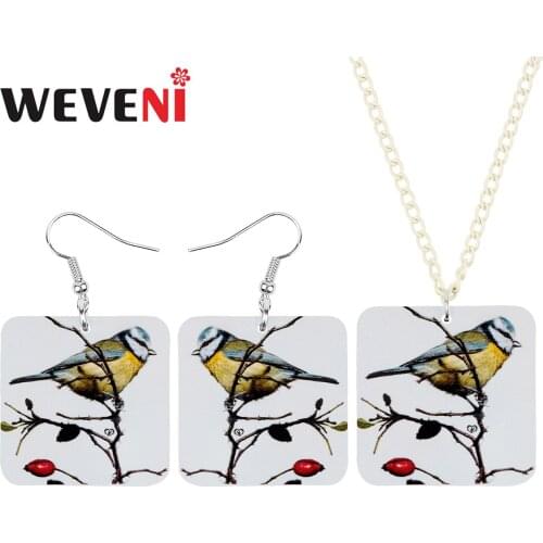 WEVENI Acrylic Square Green-backed Tit Bird Jewelry Sets Fashion Animal Necklace Earrings For Women Teens Party Gift Accessories