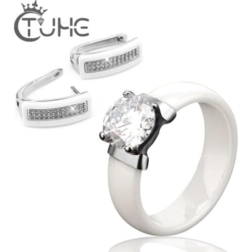 Jewelry Set Black White Ceramic Ring & Earrings With Big Carat CZ Wedding Accessories U Shape Stud Earrings And Rings For Women