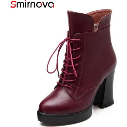 Smirnova size 34-39 new arrival 2018 thick high heels boots narrow band women lace up boots round toe platform ankle boots