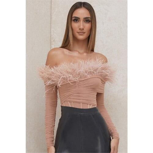 Women Sexy Pink Feather Off Shoulder Long Sleeve Bandage Bodysuits Winter 2021 New Womens Club Party Skinny Rompers Bodysuits
