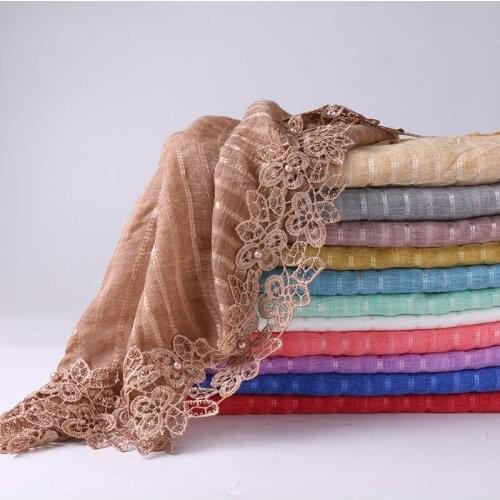 Women Cotton Hijab Lace Scarf Flower Tassel Shawl with Beads Cotton Womens Scarves Long Wraps Pashmina Stripe Womens Bandana