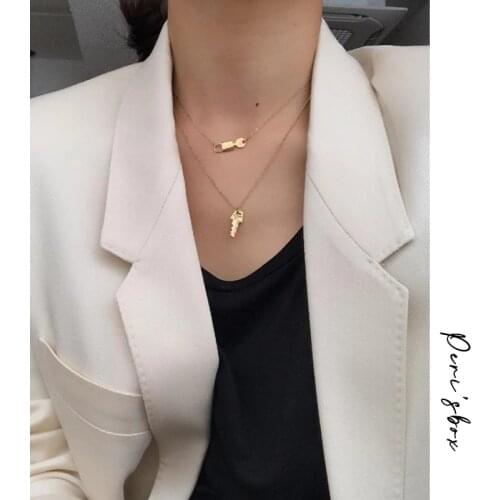 PerisBox Gold Color Lock Key Pendant Necklaces For Women 925 Sterling Sliver Charms Chokers Necklaces Minimalist Layered Choker