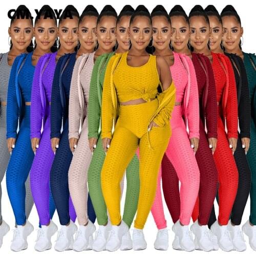 CM.YAYA Winter Womens Set Long Sleeve Coat Top Pants Tracksuit Fitness Three Piece Outfit Sporty Casual Night Club Sweatsuit