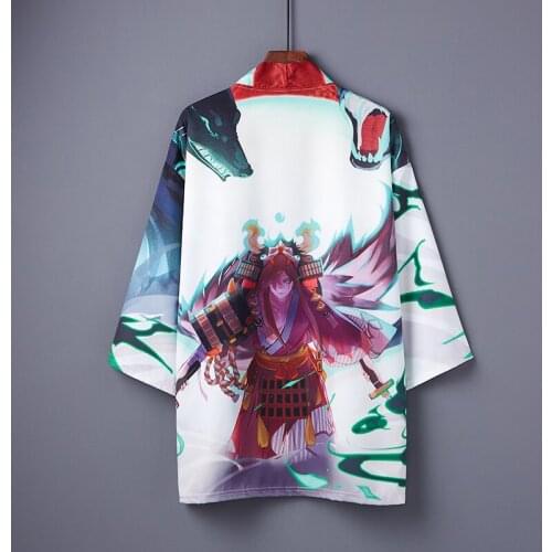 #5037 White Summer Jacket Men Loose Thin Casual Harajuku Vintage Hip Hop Jacket Sunscreen 3d Cartoon Print Kimono Coat Cardigan