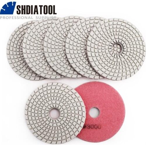 SHDIATOOL 7pcs 4" diamond wet flexible polishing pads B #3000 for granite stone marble 100mm White bond grinding disc