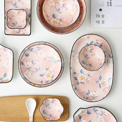 Tea Flower Dishes Tableware Ceramic Japanese Underglaze Color Household Rice Bowl Hotel Dish Personality Noodle Bowl Creative