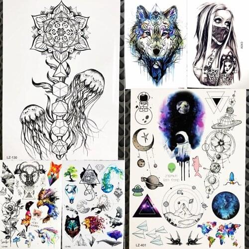 Black Jellyfish Tattoo Stickers Galaxy Space Man Temporary Tattoo Men Body Arm Fake Tatoo Women Flower Paste Makeup