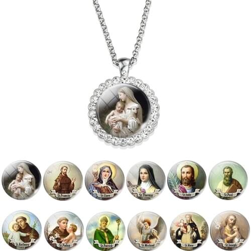 Virgin Mary and Baby Jesus Necklace Rhinestone Crystal Pendant Necklace Christian Jewelry Christian Gifts