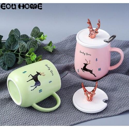 Creative Antler Ceramic Mug Gold-plated Nordic Big Belly Cup with Lid Spoon Office Home Water Cup Kids Breakfast Milk Juice Cups