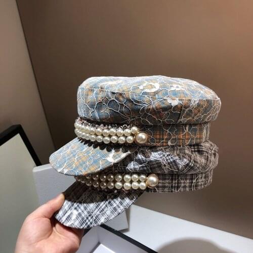 Lace Jacquard Women Cap Visors Flat Top Pearls Chain Sailor Caps for Lady 2021 New Autumn Winter Newsboy Caps Octagonal Hats