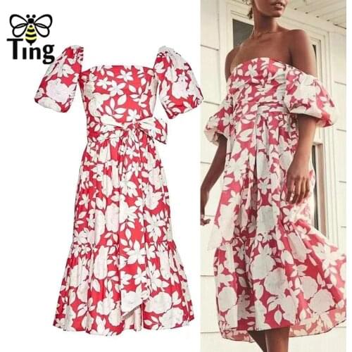 Tingfly Summer Slash Neck Off the Shoulder Red Floral Print Casual Dress Bohemian Street Fashion Chic Vintage Puff Sleeve Robes