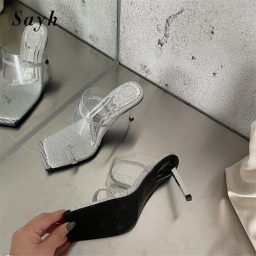 Summer Womens Sandals PVC Transparent Crystal Rhinestones High Heels Mules Shoes Pumps Shoes Clip Toe Shoes