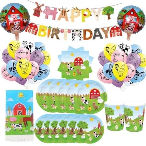 58pcs Farm Animals Disposable Tableware Set Paper Plate Cups balloon Banner Kids Birthday Party Decoration Baby Shower Supplies