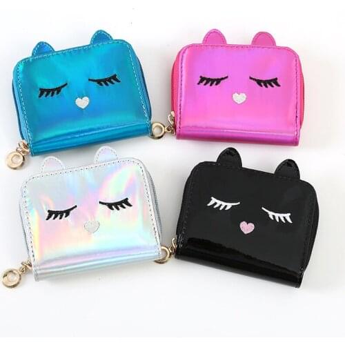 New Laser Wallet Ladies Short Card Package Cat Cute Cartoon Wallet Cosmetic Bag Student Laser Coin Purse Female