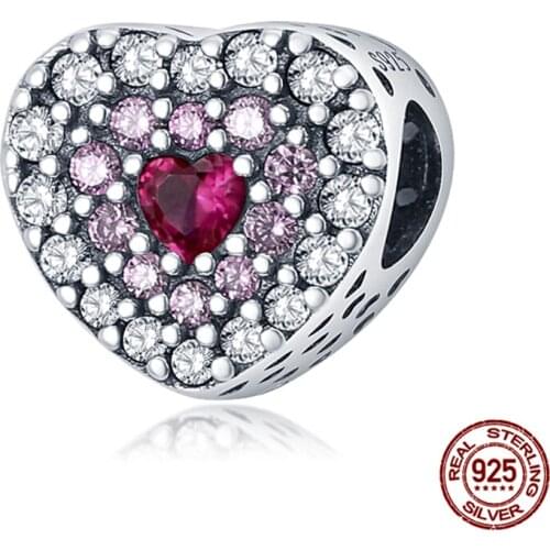 Genuine 925 Sterling Silver Zircon Red Peach Heart Beads Fit Original 3mm Bracelet&Bangle Making Fashion DIY Jewelry For Women