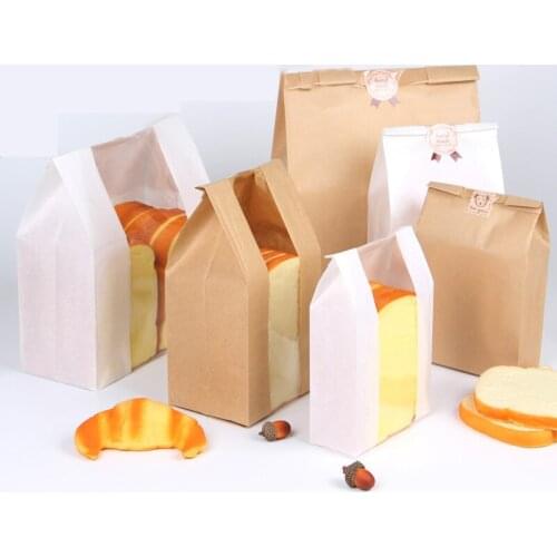 50pcs Kraft Paper Bread Bag Clear Avoid Oil Packing Toast Window Bag Baking Takeaway Food Package Cake Bag