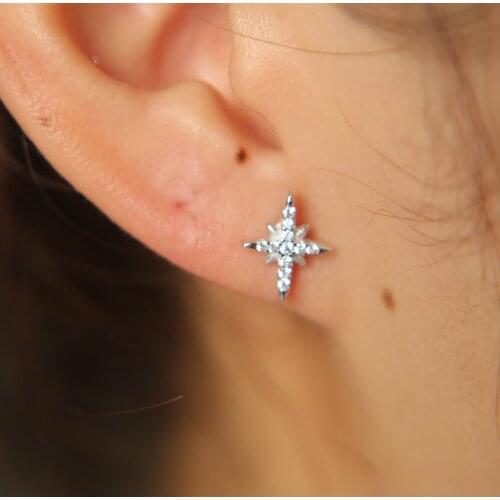Simple delicate northstar star charm pave clear cz silver gold color dainty jewelry minimalist style tiny cute stud earring