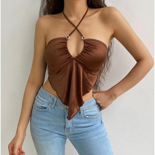 SEASONSL Backless Sexy Halter Crop Tops Tees Women Summer Sleeveless Brown Strappy Tanks Camis Top V Neck Streetwear ASVE82940