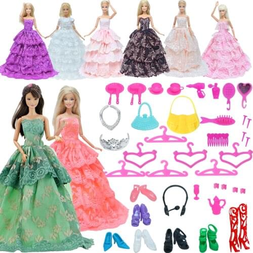 Random 37 Pcs Doll Dress 2x Dating Wear Gown 35x Doll Accessories Shoes Hangers Necklace Dish Clothes for Barbie Doll House Toys