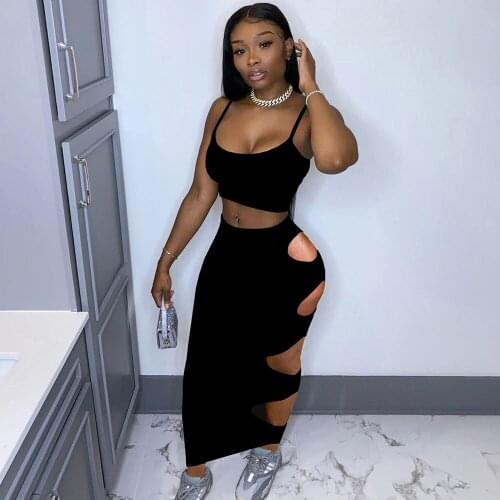 Sexy Bodycon 2 Piece Club Set Sleeveless Spaghetti Strap Crop Top+side Hollow Sheath Maxi Dresses Summer Outfits for Women Sets