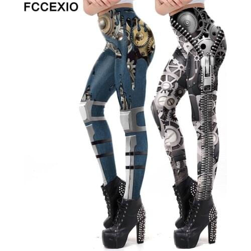 FCCEXIO Party Series The Mechanical Gear Pattern 3D Print Sexy Plus Size Leggins Casual Workout Fitness Pants Punk Steam Legging