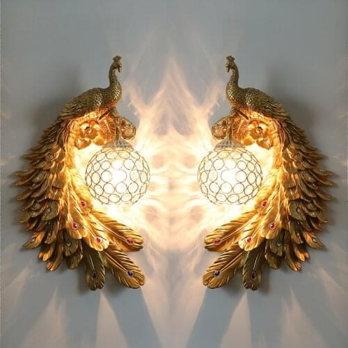 Vintage Luxury LED Wall Lamps for Mirror Wall Lamp Peacock Crystal Lampshade Wall Light Bedroom Bedside Kitchen Wall Sconce Lamp