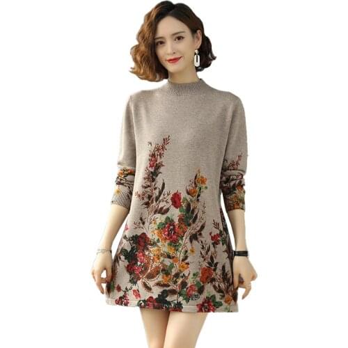 Women Floral Thermal Sweater Winter Thick Velvet Sweaters Dress Elegant Printing Warm Knit Dresses Plus Size Knitwear Pullovers
