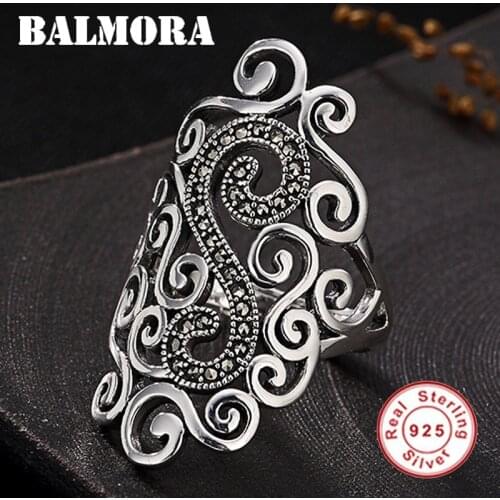 BALMORA 100% Real 925 Sterling Silver Note Hollow Mosaic Stone Resizable Rings For Women Fashion Retro Jewelry Anillos JWR3007