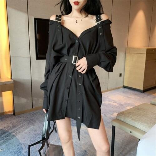 Goth Off Shoulder Sexy Mini T-shirt Dress Gothic Streetwear Loose Black Retro Dress Casual Long Sleeve Dress With Belt Female