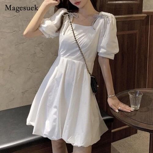 Korean Summer Mini Dress Women White Robe Puff Short Sleeve Chiffon Dress Elegant Casual Loose Vintage Party Woman Dresses 14556
