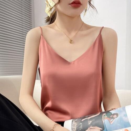 100% Silk Satin Women Camisole Solid Color Sleeveless V Neck Vest Elegant Basic Classic Slim Camis Sexy Inner Tops Summer 2021
