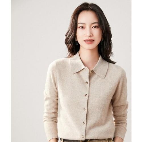 2021 Autumn and Winter New Style 100% Cashmere Sweater Woman POLO Collar Cardigan Warm Knitted Tops Femalen Jacket Pure Color