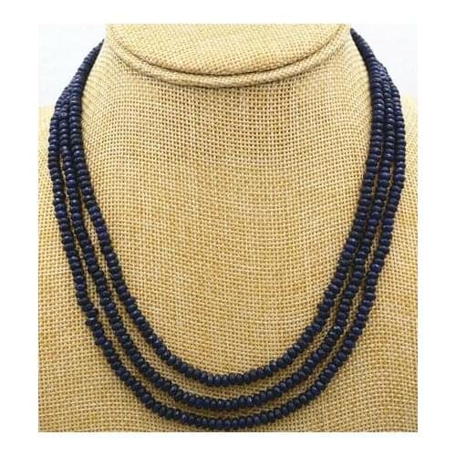 3 Rows 2X4mm NATURAL Brazil FACETED DARK Blue Sapphire BEADS NECKLACE 17-18
