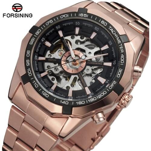FORSINING Watch Men Skeleton Automatic Mechanical Watch Rose Gold Skeleton Vintage Man Stainless Steel Wristwatches Brand Luxury