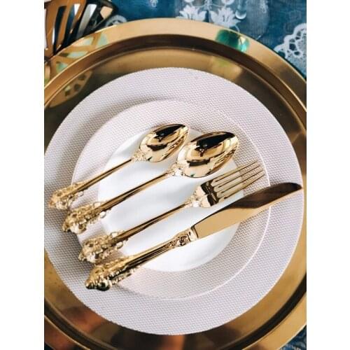 Cubiertos chapados en oro de acero inoxidable, tenedores, cucharas de té, vajilla dorada, vajilla de boda, vajilla de Navidad, 4